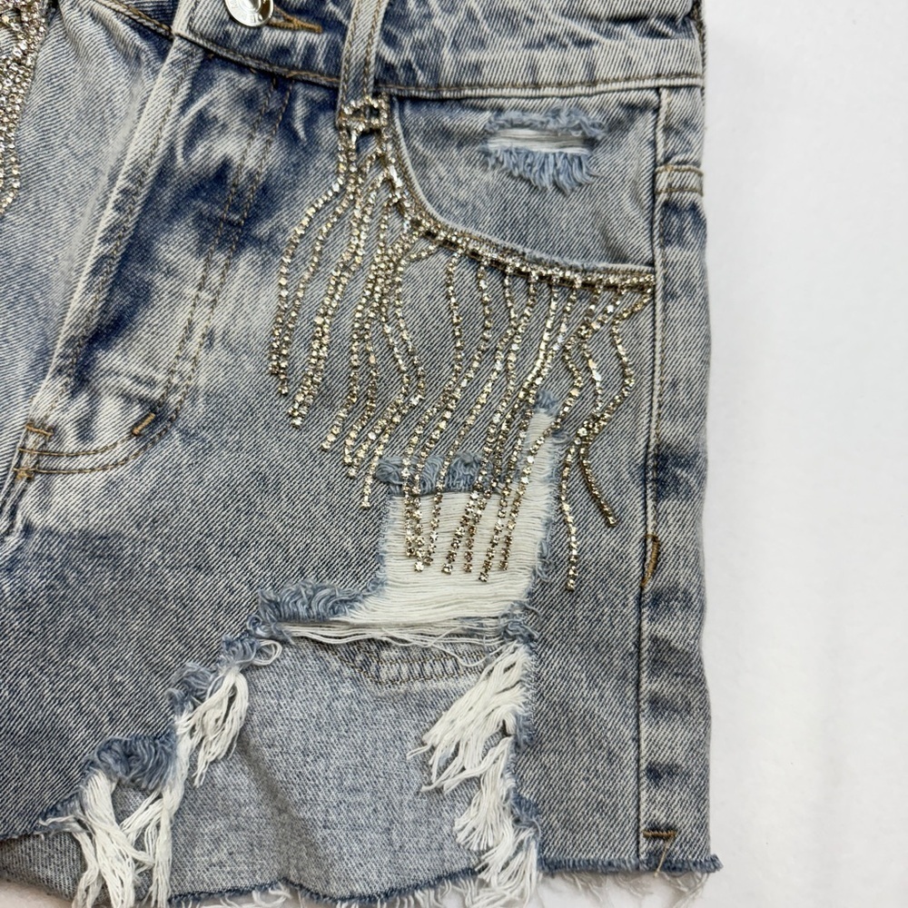 Adika Blue Jean Shorts Rhinestone Fringe Distressed Cut-Off Style - Picture 3 of 4